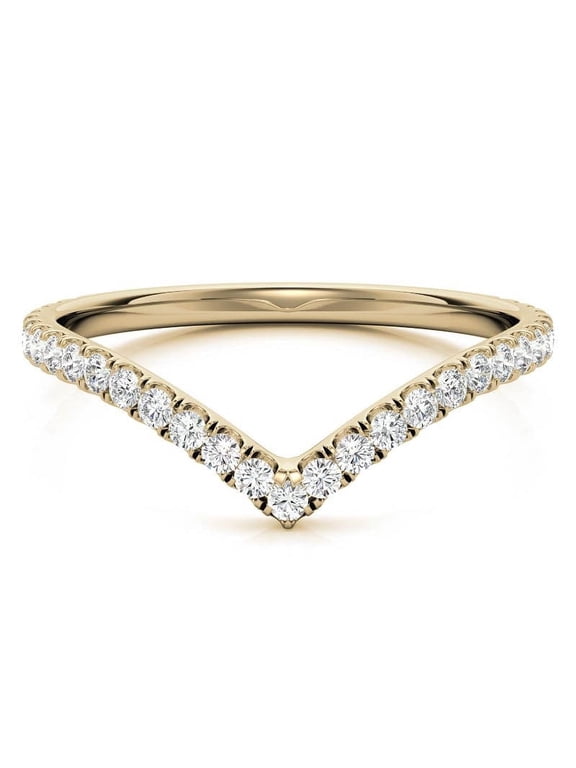 Round Moissanite V-Shape Stackable Band, Unique Curved Pave Diamond Chevron Wedding Ring Solid 10K Yellow Gold, Ring Size 5