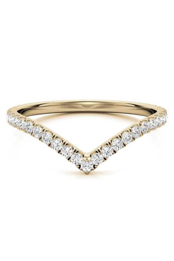 Round Moissanite V-Shape Stackable Band, Unique Curved Pave Diamond Chevron Wedding Ring Solid 10K Yellow Gold, Ring Size 9