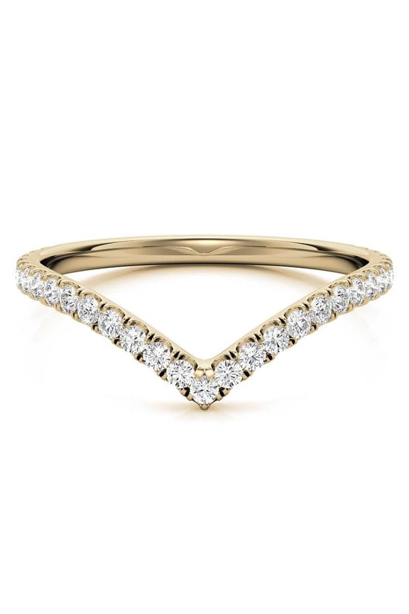 Round Moissanite V-Shape Stackable Band, Unique Curved Pave Diamond Chevron Wedding Ring Solid 14K Yellow Gold, Ring Size 5