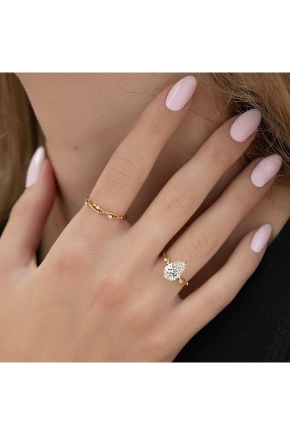 Twig Set With 2 Carat Pear Moissanite Engagement Ring for Women 10k Yellow Gold, Ring Size 7.5