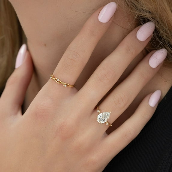 Solitaire Brilliance Twig Set With 2 Carat Pear Moissanite Engagement Ring for Women 14k Yellow Gold, Ring Size 10.5