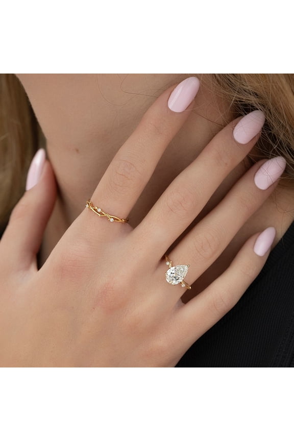 Twig Set With 2 Carat Pear Moissanite Engagement Ring for Women 14k Yellow Gold, Ring Size 7