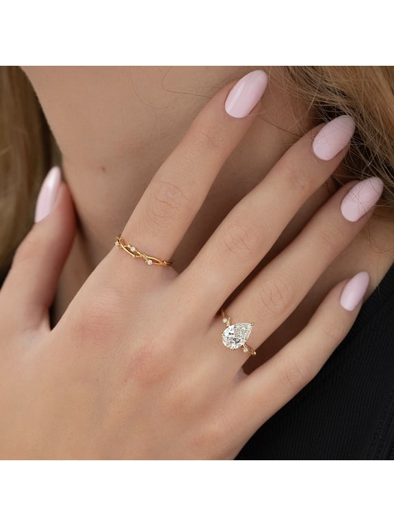 Twig Set With 2 Carat Pear Moissanite Engagement Ring for Women 14k Yellow Gold, Ring Size 7