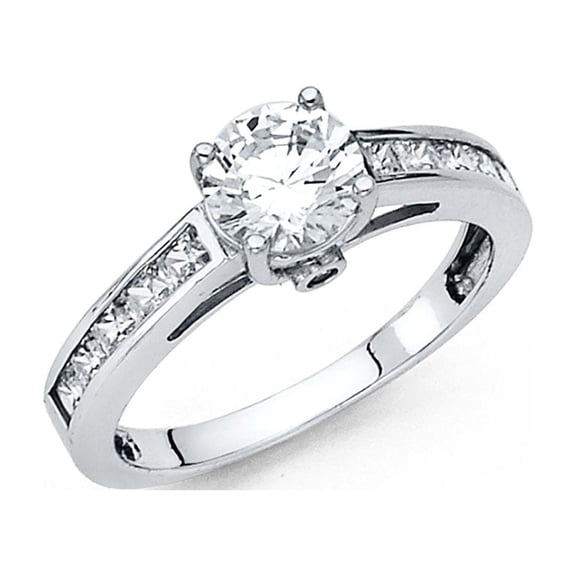 Solitaire CZ Engagement Ring 14k White Gold Anniversary Round CZ Band Princess Side Stones Size 8.5