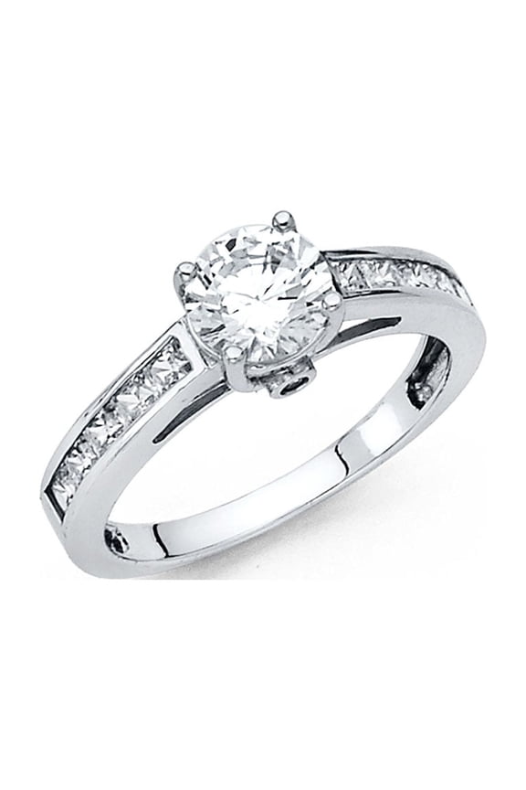 Solitaire CZ Engagement Ring 14k White Gold Anniversary Round CZ Band Princess Side Stones Size 8.5