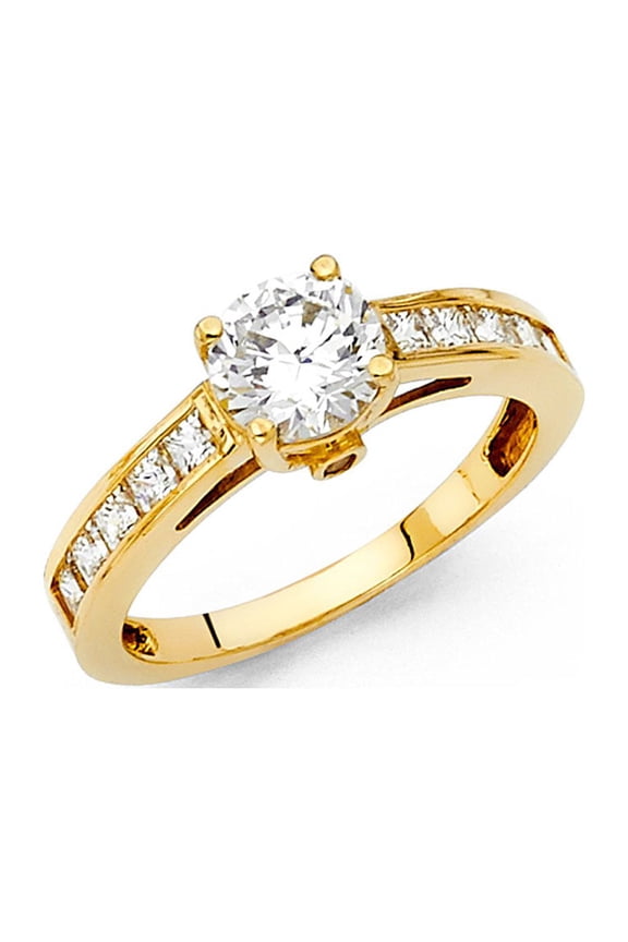 Solitaire CZ Engagement Ring 14k Yellow Gold Anniversary Round CZ Band Princess Side Stones Size 6.5