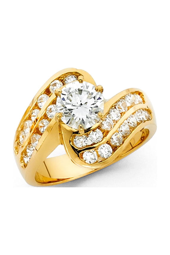 Solitaire CZ Engagement Ring 14k Yellow Gold Anniversary Round CZ Curved Band Side Stones Women Size 8.5
