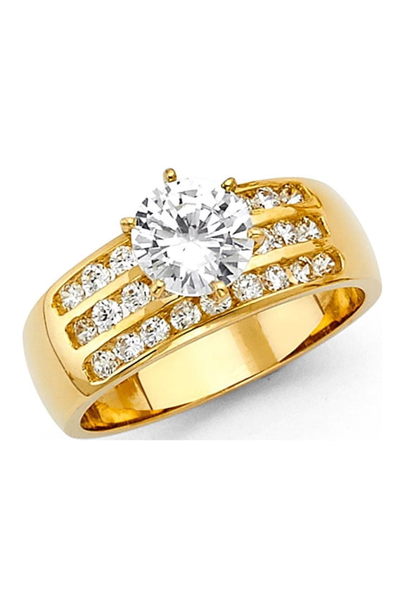 Solitaire CZ Engagement Ring 14k Yellow Gold Anniversary Round CZ Wide Band Bridal Side Stones Size 6.5