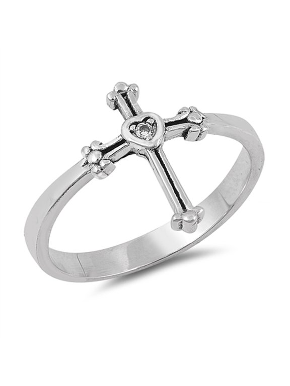 Solitaire Clear CZ Heart Cross Ring Sterling Silver Christian Band White 925 Female Size 7