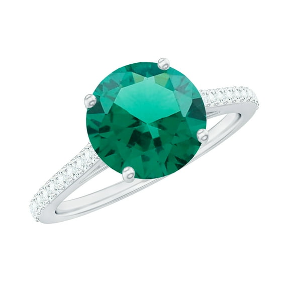 Rosec Jewels Solitaire Created Emerald Ring with Diamond Side Stones (8 mm) - AAAA Quality, 10K White Gold, US 11.00
