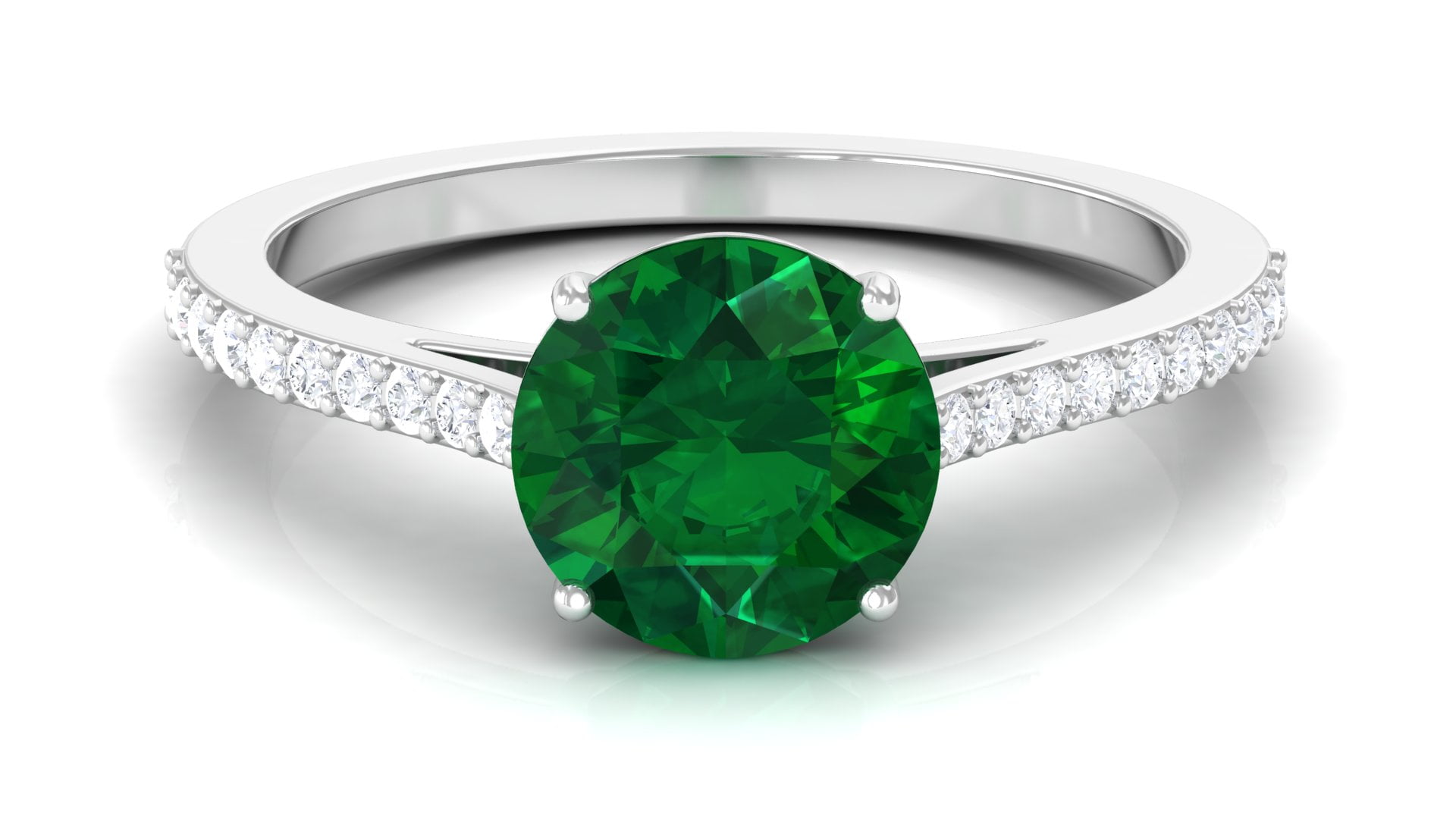 Solitaire Created Emerald Ring with Diamond Side Stones (8 mm) AAAA
