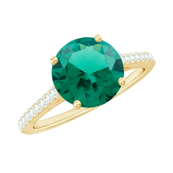 Rosec Jewels Solitaire Created Emerald Ring with Diamond Side Stones (8 mm) - AAAA Quality, 14K Yellow Gold, US 6.50