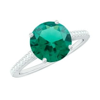 Rosec Jewels Solitaire Created Emerald Ring with Diamond Side Stones (8 mm) - AAAA Quality, 925 Sterling Silver, US 4.00