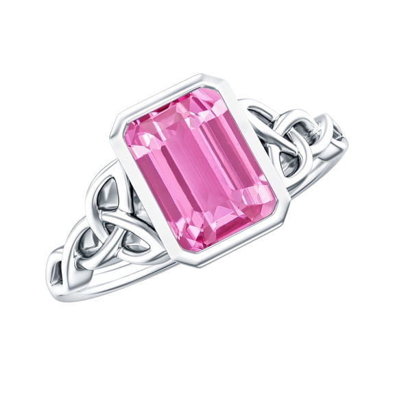 Rosec Jewels Solitaire Created Pink Sapphire Celtic Ring with Diamond for Women - 2.7 Ct - AAAA Quality Certified, 14K White Gold, US 3.50