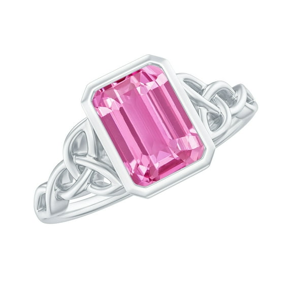 Rosec Jewels Solitaire Created Pink Sapphire Celtic Ring with Diamond for Women - 6X8 mm, 18K White Gold, US 8.00