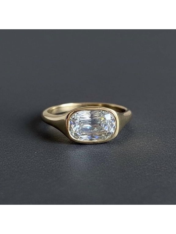 Solitaire Cushion Cut Diamond Engagement Ring, East West Set Diamond Signet Band Ring, Thick Band Anniversary Ring, Proposal Ring, Minimalist Ring