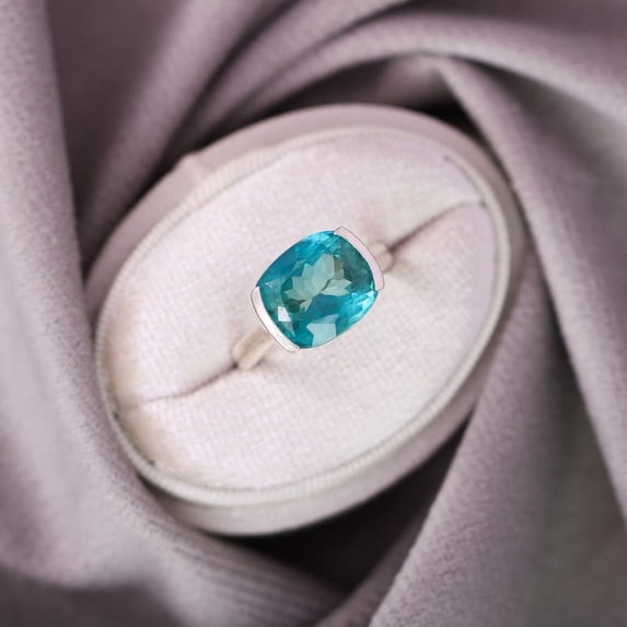 Solitaire Cushion Paraiba Tourmaline Ring, Half Bezel Set 925 Sterling Silver Ring, Large Vintage Ring, Statement Ring