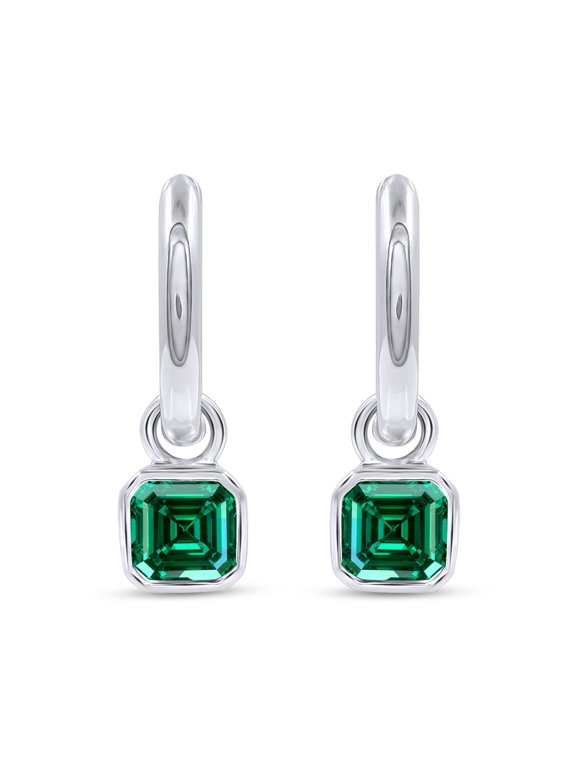 Solitaire Dangle Drop Earrings for Women, 6X6MM Cushion Cut Zambian Lab Grown Emerald Gemstone Dangling Drop Earrings In 14K White Gold Over Sterling Silver (1.66 Cttw)