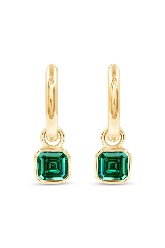 Solitaire Dangle Drop Earrings for Women, 6X6MM Cushion Cut Zambian Lab Grown Emerald Gemstone Dangling Drop Earrings In 14K Yellow Gold Over Sterling Silver (1.66 Cttw)