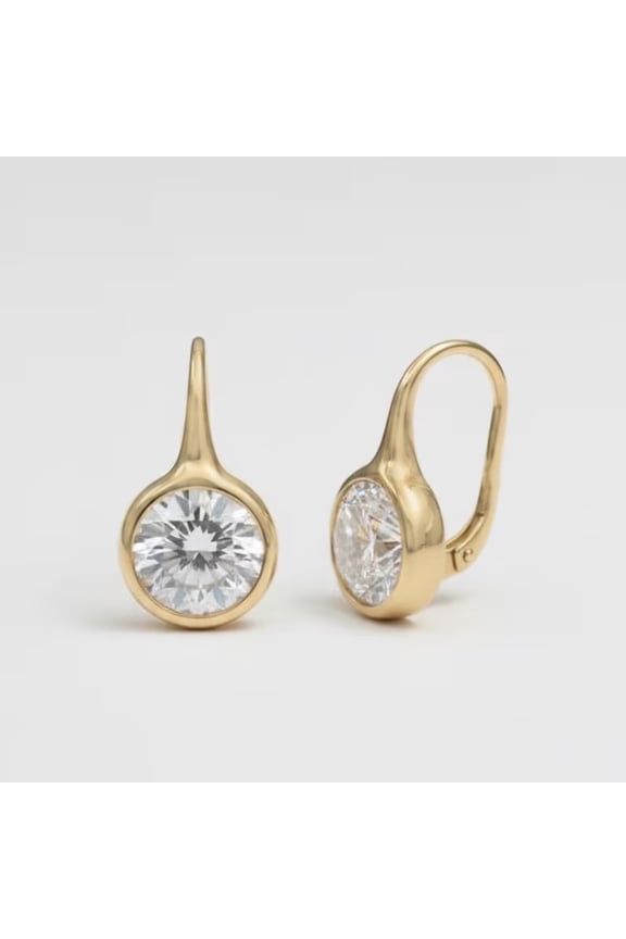 Solitaire Diamond Drop Hoop Earrings, Bezel Set Diamond Wedding Earring, Omega Lock Hoop Earrings, Anniversary Earrings, April Birthstone Earrings (Price Is For Pair)