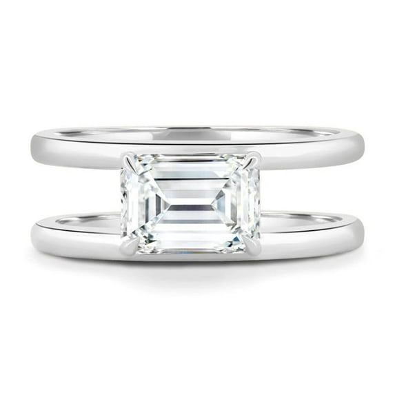 Solitaire Diamond Engagement Ring, East West Diamond Ring, Emerald Cut Diamond Wedding Ring, Double Band Shank Ring, 925 Sterling Silver, 2.0 Ct Simulated Diamond, Proposal Ring For Her