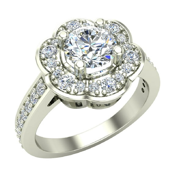 Solitaire Diamond Floral Halo Wedding Ring 14K White Gold