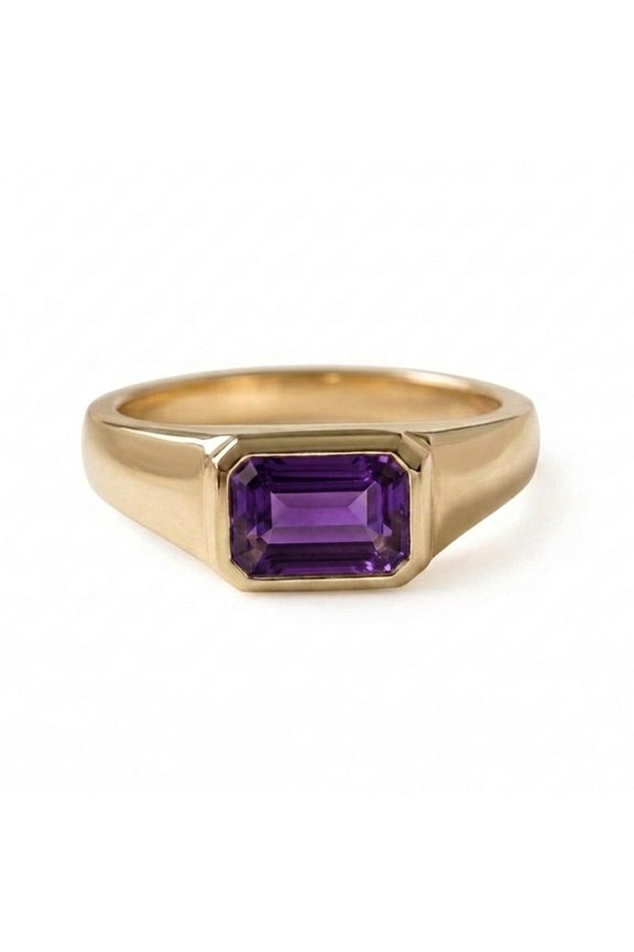 Solitaire Emerald Cut Amethyst Signet Ring, Chunky Yellow Gold Plated Anniversary Band, Men's Wedding Ring, February Birthstone Ring, Handmade Jewelry