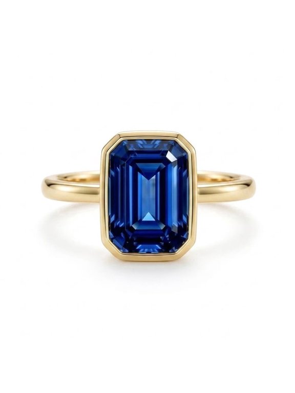 Solitaire Emerald Cut Blue Sapphire Engagement Ring, Stackable Minimalsit Ring, September Birthstone Ring, Blue Gemstone Ring, Handmade Jewelry