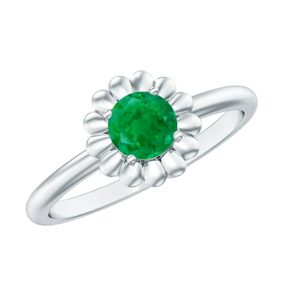 Rosec Jewels Natural Emerald Flower Promise Ring for Women - AAA Grade May Birthstone Ring - Ready to Gift for Valentines Day, 14K White Gold, US 11.00