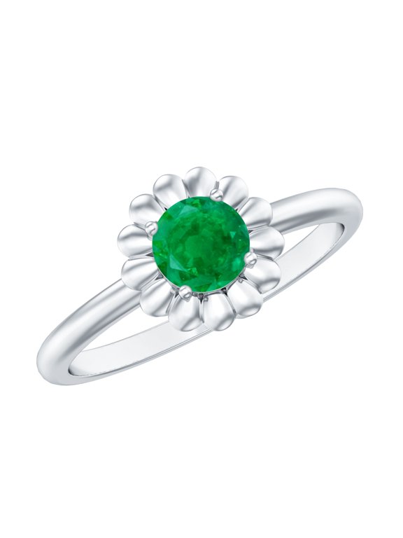 Natural Emerald Flower Promise Ring for Women - AAA Grade May Birthstone Ring - Ready to Gift for Valentines Day, 925 Sterling Silver, US 4.00