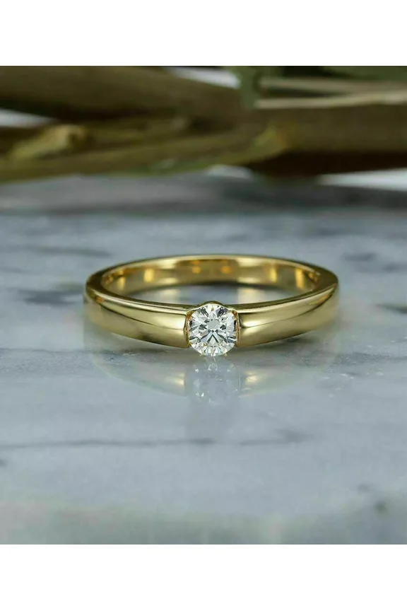 Solitaire Engagement Ring 1Ct Round Cut Moissanite 14K Yellow Gold Plated