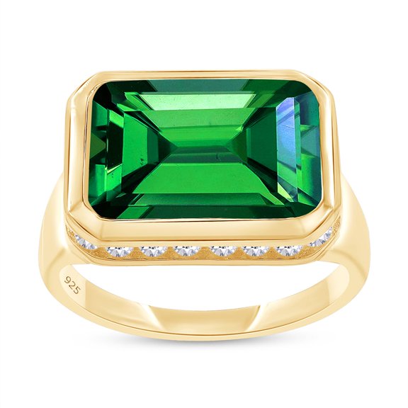 Solitaire Engagement Ring for Women, 10X14MM Emerald Shape Zambian Green Emerald Lab Grown Gemstone & Created Moissanite Promise Ring In 14K Yellow Gold Over Sterling Silver, (6.15 Cttw) Size-6.5