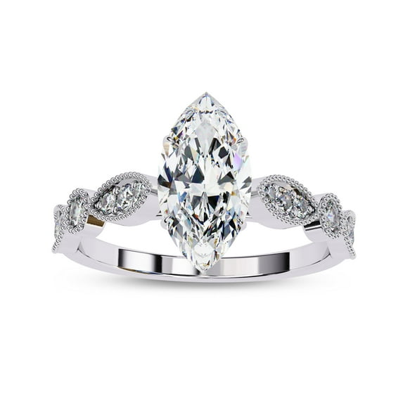 Solitaire Engagement Ring for Women Center 10x5mm Marquise and Round Cut Lab Created Moissanite Beaded Promise Rings In 14K White Gold Over Sterling Silver Jewelry Gift for Her, Size 8