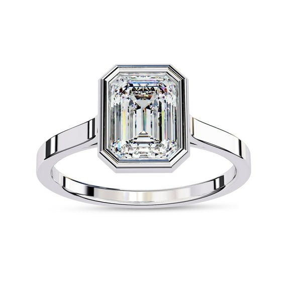 Solitaire Engagement Ring for Women | Center 7.5x5.5mm Emerald Cut Lab Created Moissanite Bezel Set Wedding Promise Rings in 14K White Gold Over Sterling Silver Jewelry Gift for Her, Ring Size 6