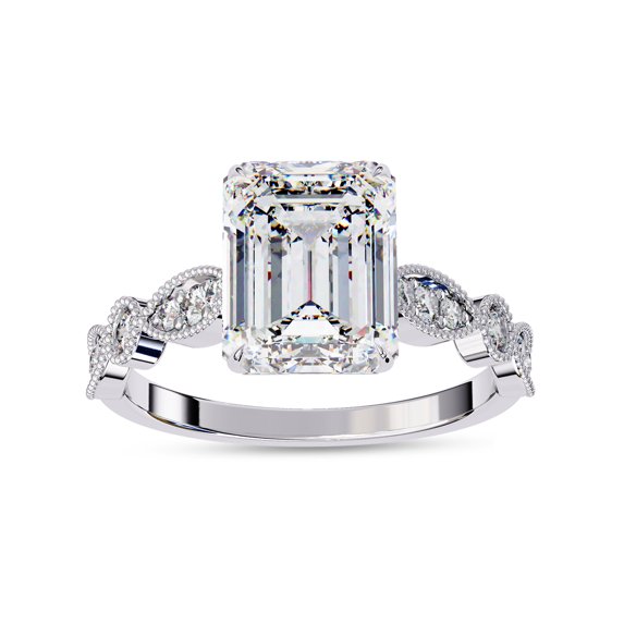 Solitaire Engagement Ring for Women Center 9x7mm Emerald and Round Cut Lab Created Moissanite Beaded Promise Rings In 10K Solid White Gold Jewelry Gift for Her, Size 8