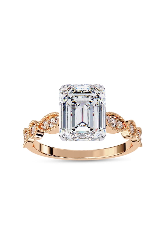 Solitaire Engagement Ring for Women Center 9x7mm Emerald and Round Cut Lab Created Moissanite Beaded Promise Rings In 14K Solid Rose Gold Jewelry Gift for Her, Size 9.5