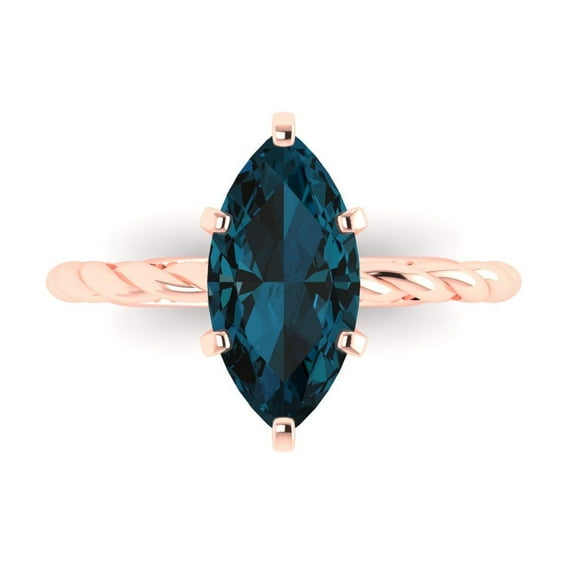 Solitaire Engagement Ring for Women - 2ct Natural London Blue Topaz in 14K Rose Gold Promise Ring