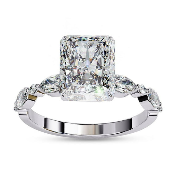 Solitaire Engagement Rings For Women | Center 8.5x6.5mm Radiant Cut Lab Created Moissanite Promise Ring in 14K White Gold Over Sterling Silver Jewelry Gift for Her, Ring Size 7.5
