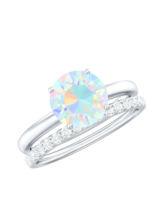 Solitaire Ethiopian Opal Bridal Ring Set with Diamond Enhancer (AAA Quality), 10K White Gold, US 7.50