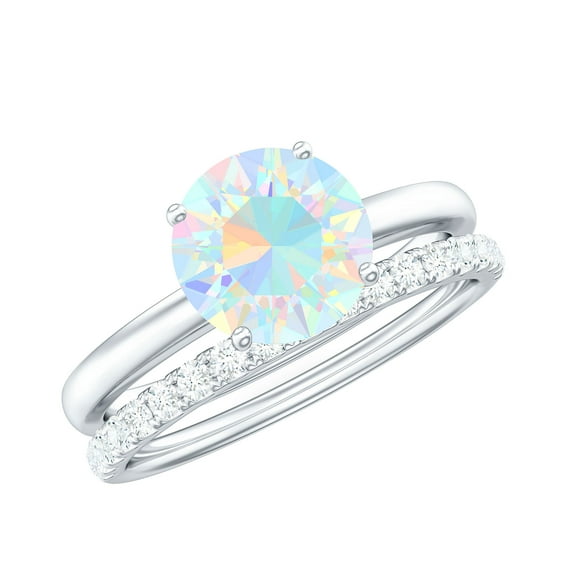 Rosec Jewels Solitaire Ethiopian Opal Bridal Ring Set with Diamond Enhancer (2.50 CT, AAA Quality), 925 Sterling Silver, US 4.00