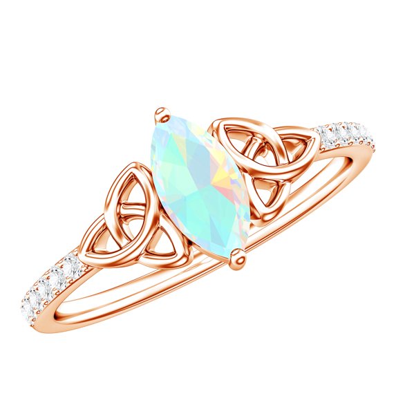 Rosec Jewels Real Ethiopian Opal Promise Ring with Diamond - Celtic Knot Ring - AAA Grade - Ready to Gift for Valentines Day, 14K Rose Gold, US 3.00