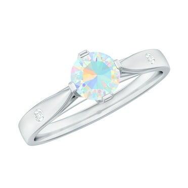 Rosec Jewels Solitaire Ethiopian Opal Promise Ring with Diamond - October Birthstone Ring, 925 Sterling Silver, US 4.00
