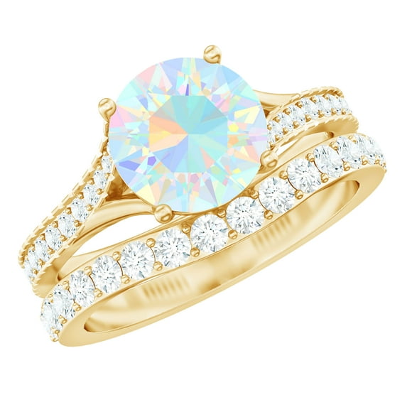 Rosec Jewels Solitaire Ethiopian Opal Ring Set with Moissanite for Women (AAA Grade), 10K Yellow Gold, US 4.00