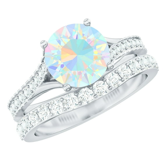 Rosec Jewels Solitaire Ethiopian Opal Ring Set with Moissanite for Women (AAA Grade), 14K White Gold, US 5.00