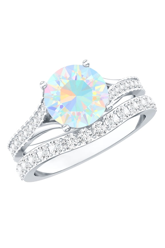 Solitaire Ethiopian Opal Ring Set with Moissanite for Women (AAA Grade), 18K White Gold, US 6.00