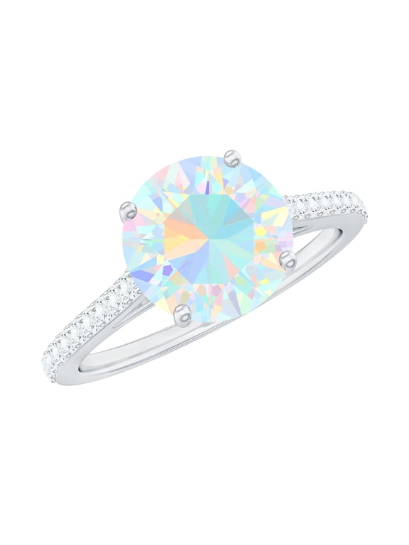 Solitaire Ethiopian Opal Ring with Diamond for Women, October Birthstone Ring, 14K White Gold, US 5.00