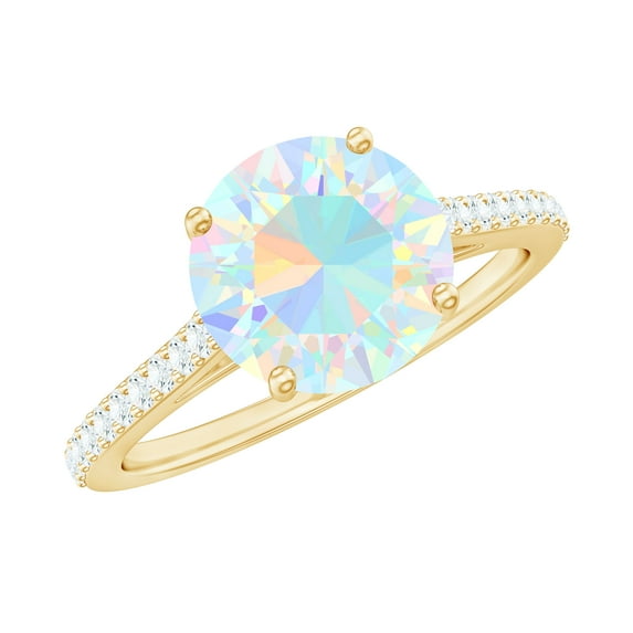 Rosec Jewels Solitaire Ethiopian Opal Ring with Diamond for Women, October Birthstone Ring, 14K Yellow Gold, US 12.00