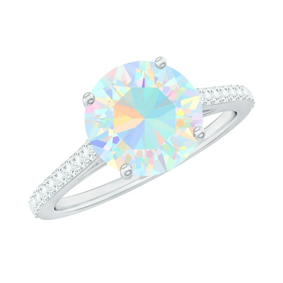 Rosec Jewels Solitaire Ethiopian Opal Ring with Diamond for Women, October Birthstone Ring, 18K White Gold, US 4.50