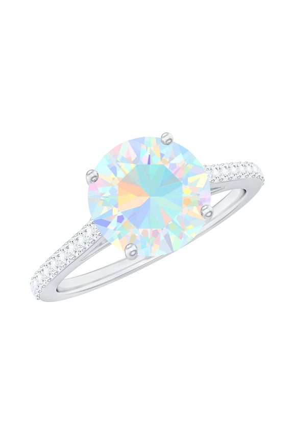 Solitaire Ethiopian Opal Ring with Diamond for Women, October Birthstone Ring, 18K White Gold, US 9.50