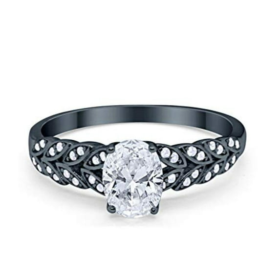 Solitaire Floral Accent Oval Black Tone CZ Ring 925 Sterling Silver Size 6